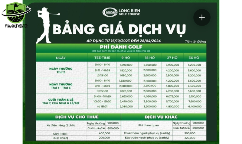 bảng giá sân golf Long Biên mới nhất